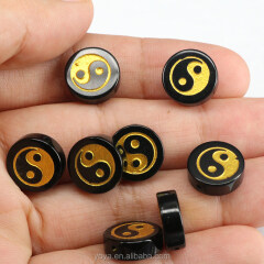 AB0681 Black Agate Stone Gold Painted Tai Chi Yin Yang Coin Beads