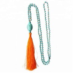 NE2115 Turquoise beads knotted tassel necklace,chunky beads tassel necklace