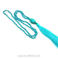 NE2175 Fashion blue turquoise beaded necklace with long tassel,handmade 108 beaded knotted necklace
