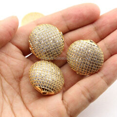 CZ6484 Wholesale cz zircon micro pave big flat beads, Chunky Flat Silver Gold Rose Cubic Zirconia Pave Bead