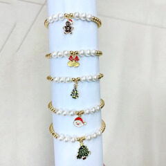 BM1074 Tiny gold beads and Pearl Beaded CZ Enamel Christmas Gift Tree Santa Claus Charm Bracelets Jewelry
