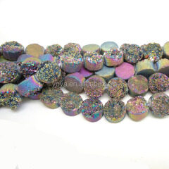 CR5213 Wholesale Titanium Rainbow Quartz Druzy Round Beads,Rainbow Flat Round Coin Druzy Beads