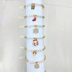 BM1074 Tiny gold beads and Pearl Beaded CZ Enamel Christmas Gift Tree Santa Claus Charm Bracelets Jewelry