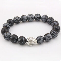 BRA0626 snow flake obsidian beaded skull bracelet ,big sale black friday