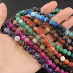 AB0157 Hot sale brown purple green blue red black matte striped agate beads,frosted stripe lace banded agate DIY beads
