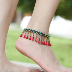AS1005 Handmade Non Tarnish Brass Beaded Turquoise Teardrop Dangle Charm Ankle Bracelet Anklets for Ladies Women