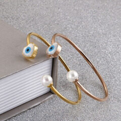 BS2039 High Quality Gold plated Stainless Steel Pave Pearl & MOP Evil Eyes Heart Wrist Lucky Bracelet Bangle for Women