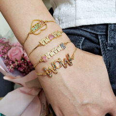 BC1310 Gold plated CZ Pave Letter Mom Mother Mama Script Bracelets,Mothers Day Gift Jewelry
