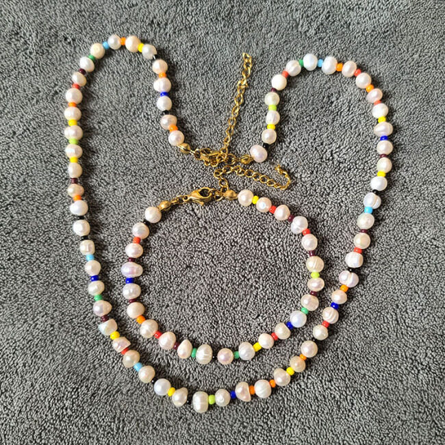 S1119 Dainty Rainbow Seed Bead and Freshwater Pearl Choker Necklace and Bracelet Jewellery Jewelry Sets for Ladies Women