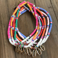 NC1078 White Shell Multicolor Clay Heishi Necklace, Polymer Clay Heishi Beads Summer Choker Necklace with Cowry Shell Charm
