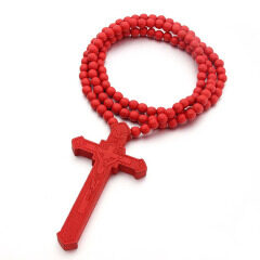 NW1001 Wooden Large Big Wood Bead Religious Catholic Crucifix Rosary Cross Pendant Necklace for Men