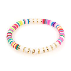 Bohemian Elastic Rainbow Heishi Beaded Gold Tone Stainless Steel Disc Bead Bracelets, Vinyl Discs Polymer Clay Beads Bracelets