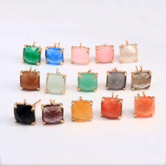 CZ7537  Faceted Square Cat's Eye Gemstone Earring Posts, Multicolor Shimmer With Gold Plated Trim, Elegant Earring Supply