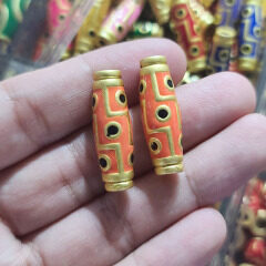 JS1639 Matte Gold Plated Brass Enamel Multi Colored Tibetan Dzi Ethnic Drum Beads
