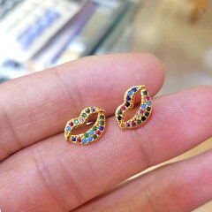 EC1155 Rainbow Dainty Tiny Gold Minimal Studs Cubic Zirconia Pave Stud Earrings for Women, Mini Rainbow CZ Stud Earrings