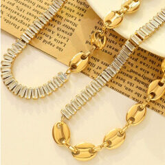 18k Gold Plated Stainless Steel Half Rectangle CZ Baguette Tennis Half Coffee Bean ChainNecklace and Bracelet Jewelry Set