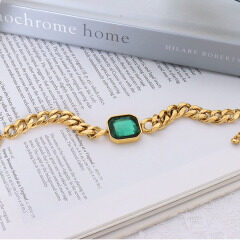 BS4036 Non Tarnish Boho Thick 18K Gold plated Stainless Steel Curb Cuban Chain with Emerald Diamond Green CZ Bracelet for Women