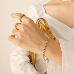 Non Tarnish 18k Gold Plated Stainless Steel Diamond CZ Zircon Tennis Collar Necklace and Bracelet Jewelry Set