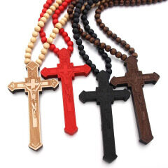 NW1001 Wooden Large Big Wood Bead Religious Catholic Crucifix Rosary Cross Pendant Necklace for Men
