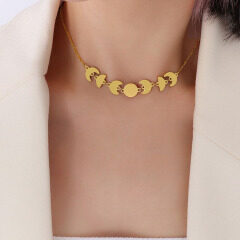 NS1206 Non Tarnish 18k Gold Plated Surgical Titanium Stainless Steel Crescent Moon and Star Celetstial Choker Necklace