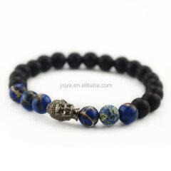 BRU0818 Black Onyx & Blue Imperial Jasper Beaded Black Buddha Head Bracelet ,Yoga ZEN Jewellery Gift