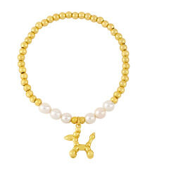 BM1072 4MM Gold Beads Shell Pearl Beaded Elastic Bracelet with Balloon Puppy Dog Charm for Ladies Women
