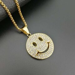 NS1162 High Quality Men's Crystal Gold Plated Stainless Titanium Steel Smiley Happy Face Pendant Chain Necklace Jewelry for Men