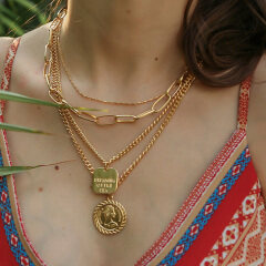 NM1002 Gold Plated Three Layers Medal Coin Charm Necklace,Gold Coin Boho Necklaces,Layering Ethnic Necklace