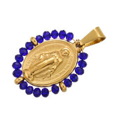 Crystal Wrapped 18K Gold Plated Stainless Steel Saint Virgin Mary  Christ  Oval Coin Medal Medallion Charm Pendants