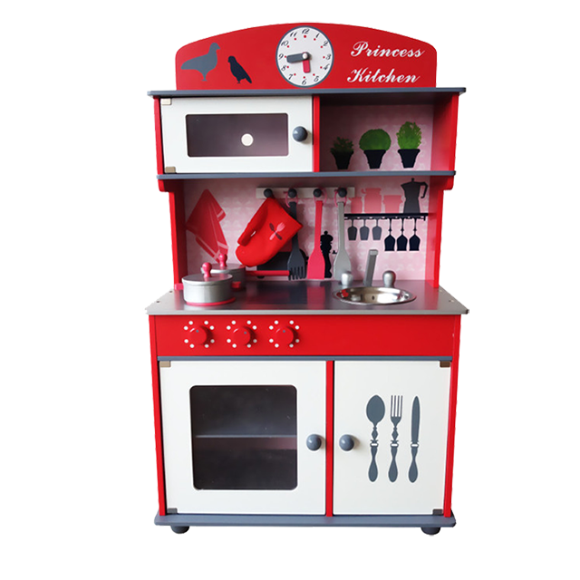 red wooden toy kitchen