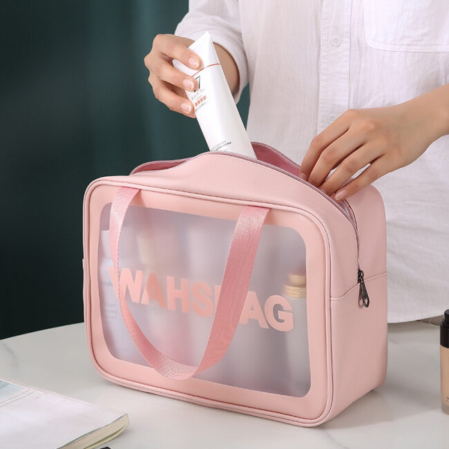 Pu transparent 3-piece cosmetic wash bag large capacity PVC bath bag translucent frosted portable storage bag
