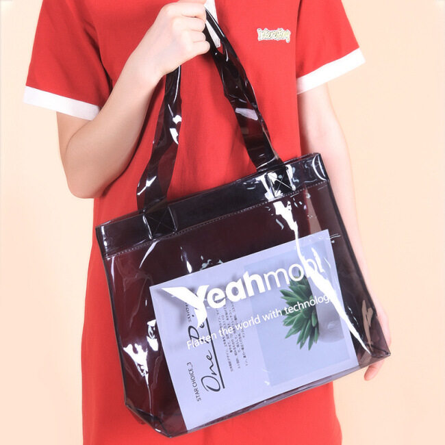 Green plastic transparent laser PVC handbag jelly bag custom export high end gift bag logo