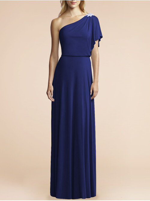 A-Line One-Shoulder Floor-Length Chiffon With short sleeves Bridesmaid Dress With Ruffle