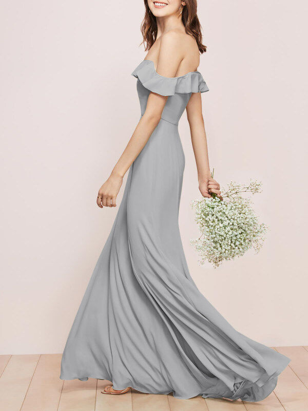 Grey Off-the-Shoulder Ruffled Chiffon Slim Bridesmaid Dress