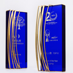 Custom High Quality Blue Award Crystal Trophy with Golden Metal Decor