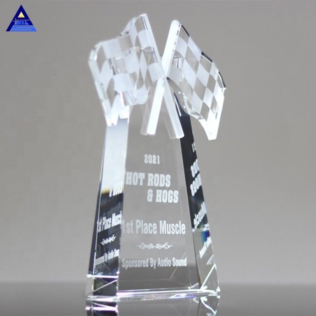 Wholesale Hot Sell High Quality Checkered Flags Crystal Trophy For Sports Award