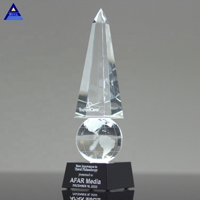 Customized Crystal Monumental Globe Obelisk Trophy For Company Corporate Awards