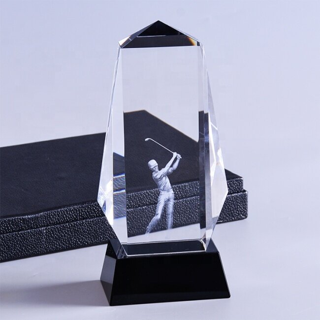 Wholesale 3D Laser Engraved Carved Sport Golf Optical Crystal Awards Trophy With Base