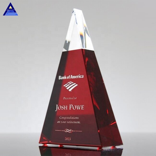 3D Laser K9 Exemplary Red Glass Crystal Pyramid Paperweight