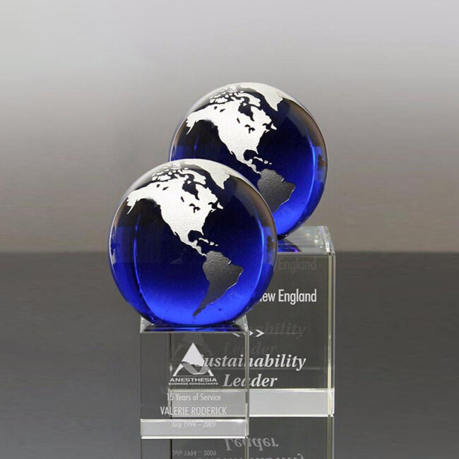 Glass World Stand On Engraved Cube Base Optical Paperweight Earth Blue Crystal Globe