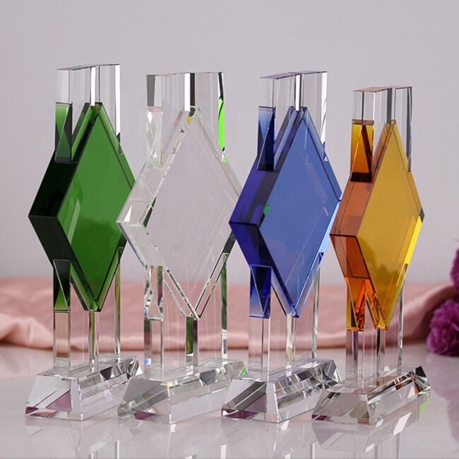 New Design Blue Crystal Trophy Award Custom Glow Crystal Award Clear Glass Trophy