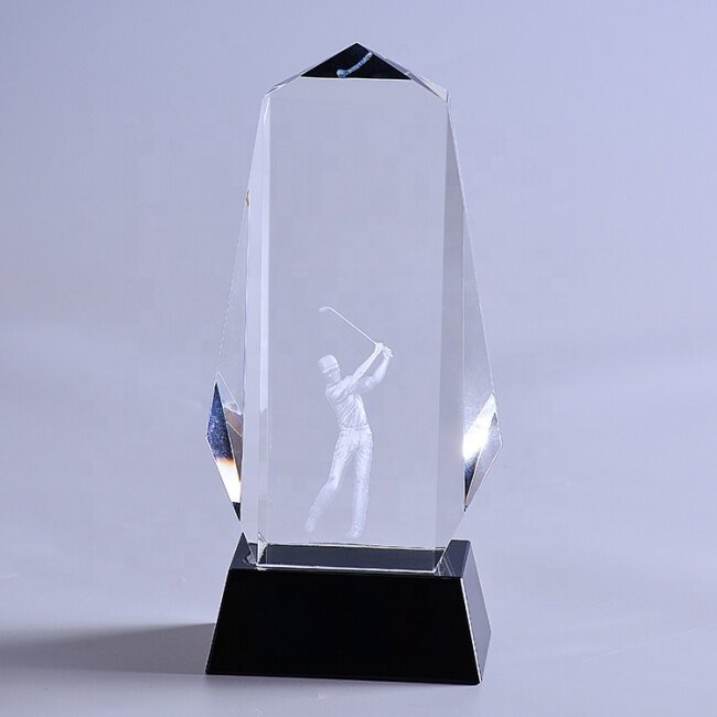 Wholesale 3D Laser Engraved Carved Sport Golf Optical Crystal Awards Trophy With Base