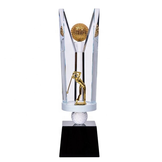 New Design 3D Laser Engraving Crystal Metal Golf Trophy Awards With Engraved Logo