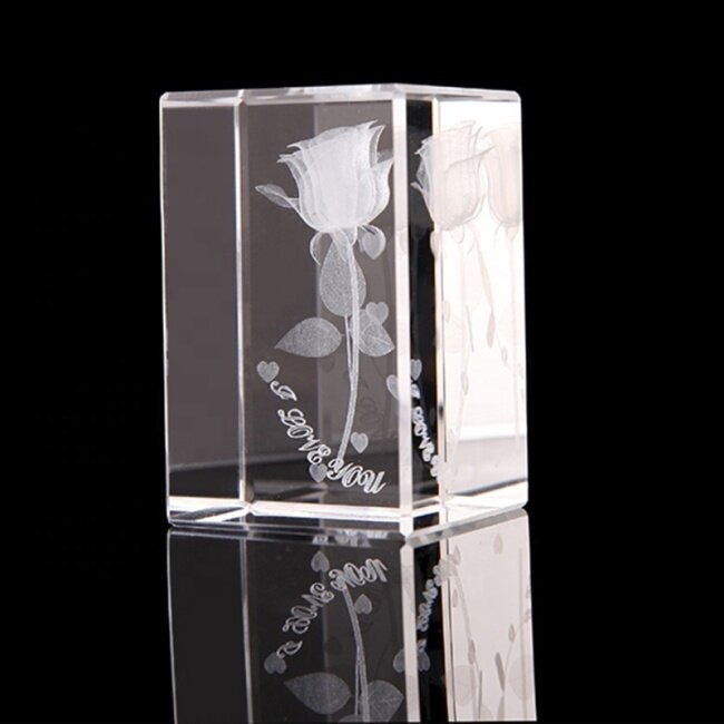 Laser Rose 3D Laser Glass Crystal Cube Blank Laser Engraved Crystal Cubes With Base LED For Crystal Gift