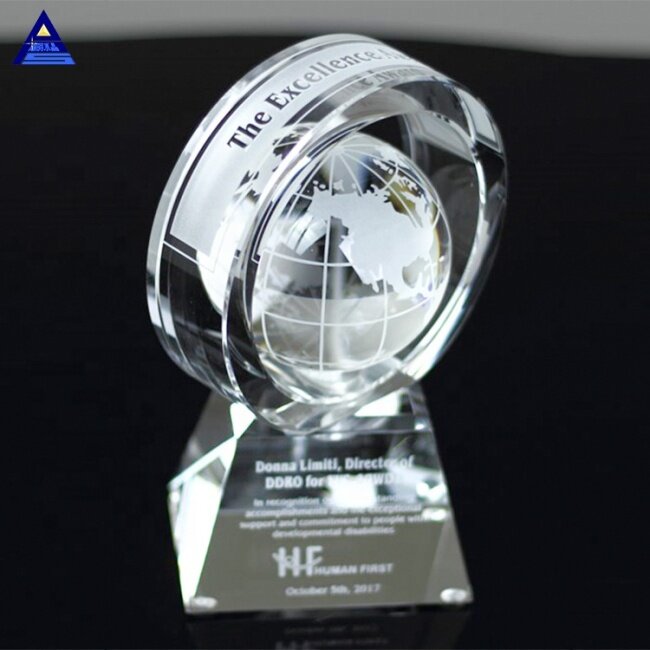 Wholesale Factory Price In-Motion Crystal Glass Global Shape Ring Trophy