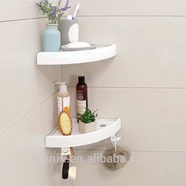White Color Shower Storage Shelves Rack Plastic Suction Bathroom Wall Corner Shelf